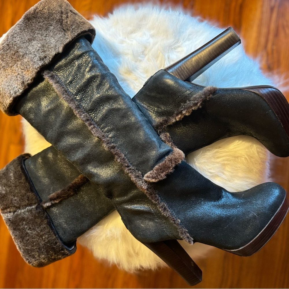 Tory Burch Distressed Leather Shearling Boots